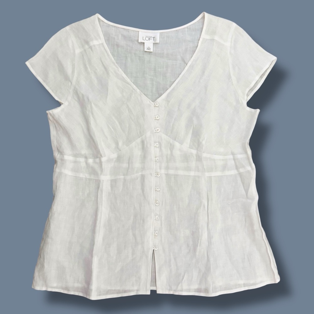 Ann Taylor LOFT Size 14 White Linen V-neck Loop Buttons cap Sleeve Empire Style